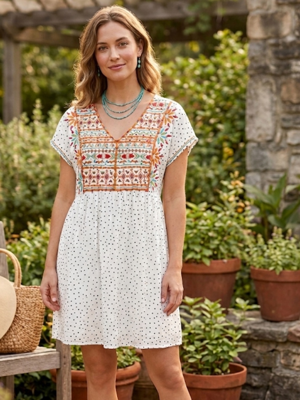Boutique Savanna Jane Embroidered Polka Dot Short Sleeve Dress